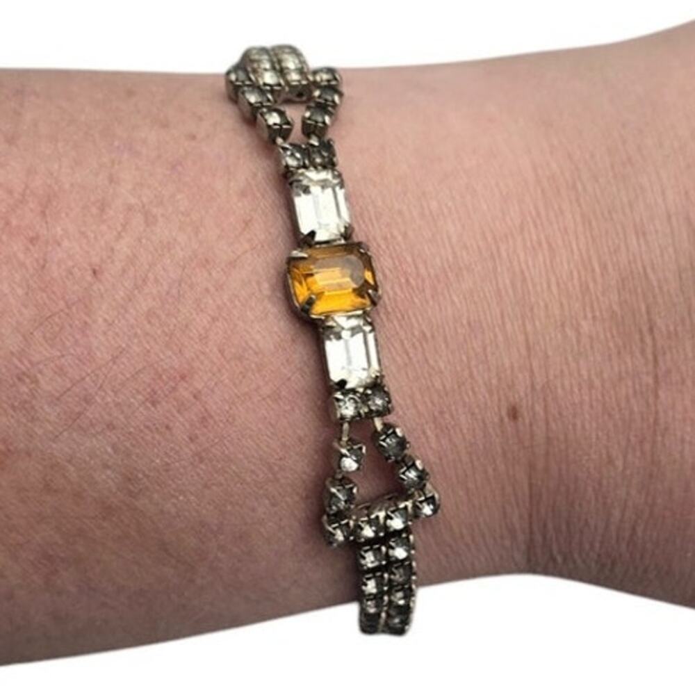 Amber Rhinestone Tennis Bracelet Silver Tone – Vintage Glam Art Deco